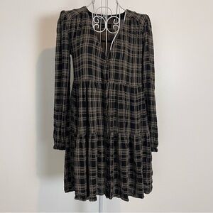 Urban Outfitters SZ Small XS Babydoll Short Mini Black Brown Plaid viscose dress